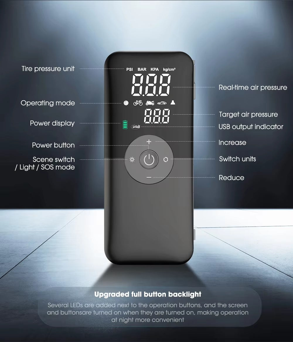 CARSUN AirPower Max - Compresseur de voiture portable et numérique pour voiture, moto et vélo 