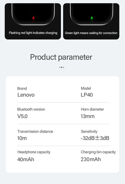 Lenovo LP40 TWS Earphones - Premium Sound Quality, Bluetooth 5.0 and Touch Control - Free Shipping