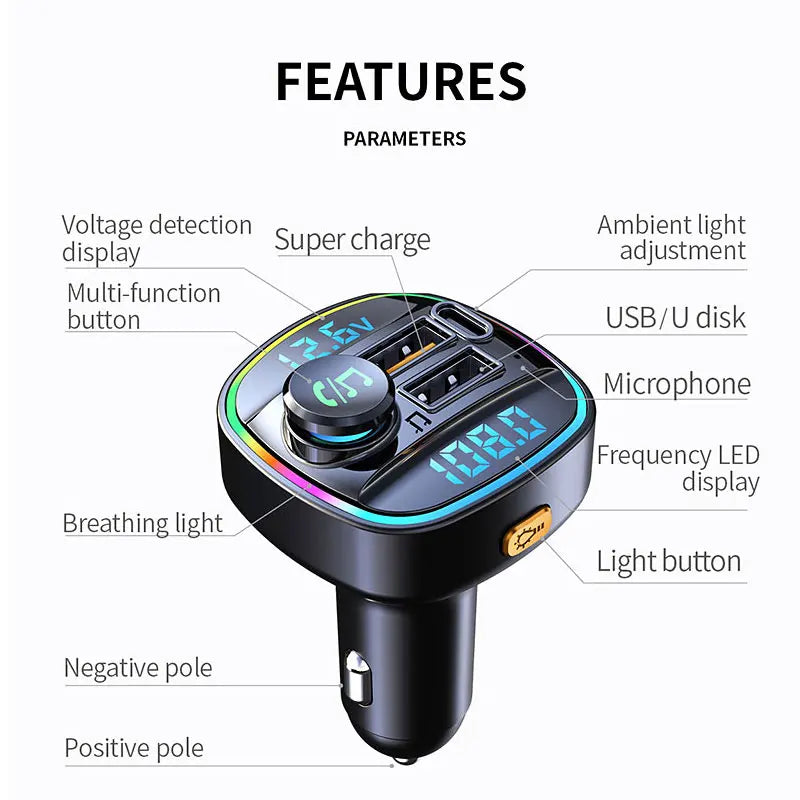 Transmetteur FM Bluetooth 5.0 avec Carregamento Rápido 22.5W 