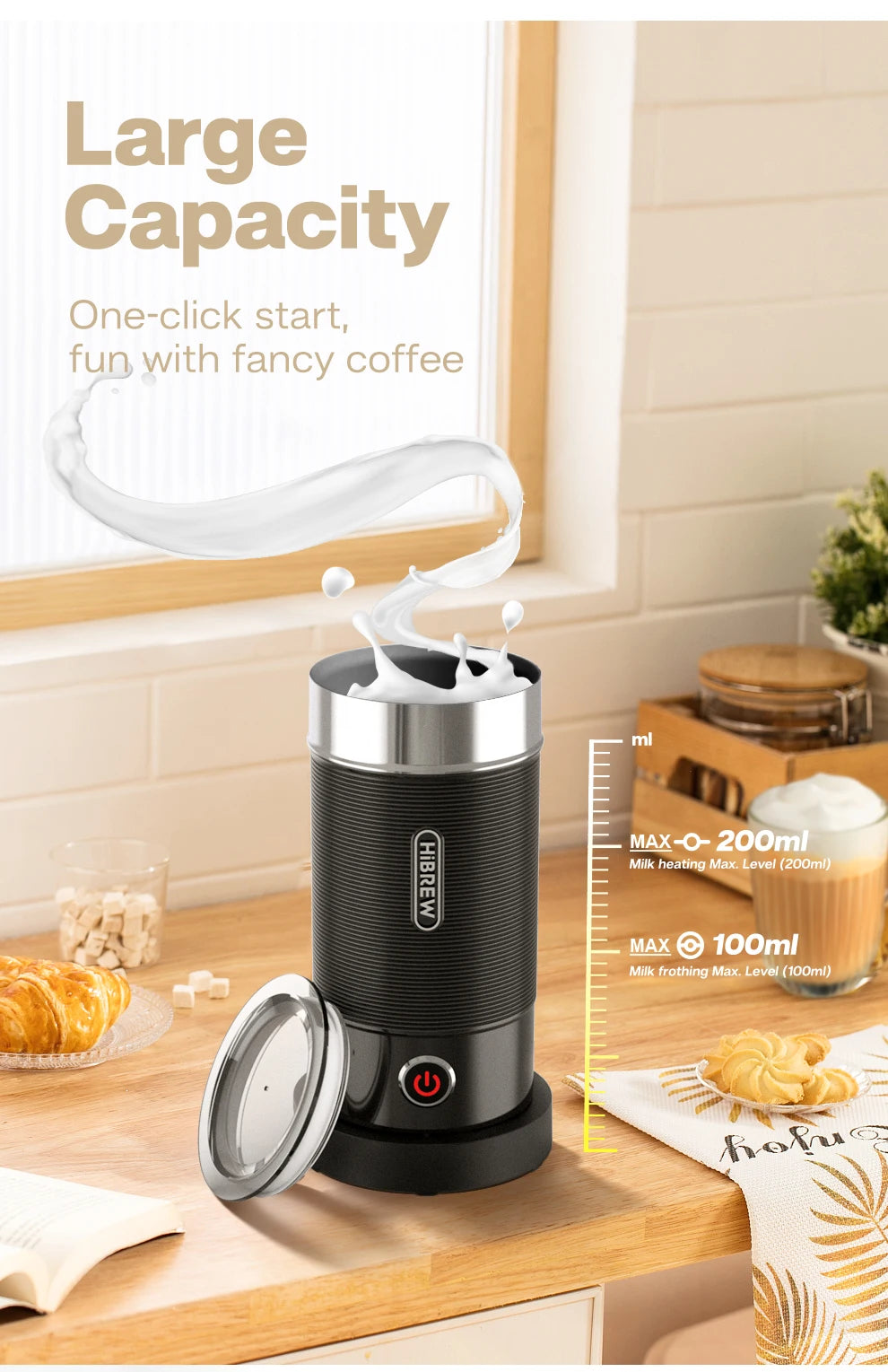 HiBREW FrotherPro M1A: Espumador de leche automático para capuchinos, lattes y chocolate quente