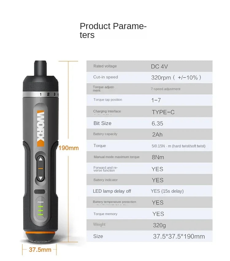 Chave de Fenda Inteligente WORX WX242 - Ferramenta Recarregável avec Luz LED et Kit Complet